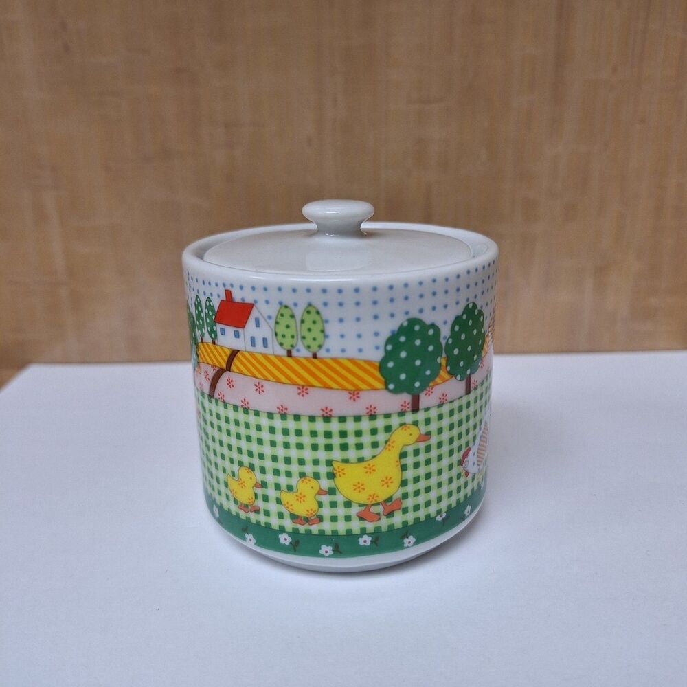 Vintage 80s Sugar Bowl with Farm Scene and Lid Papel Of California. Quilt Style